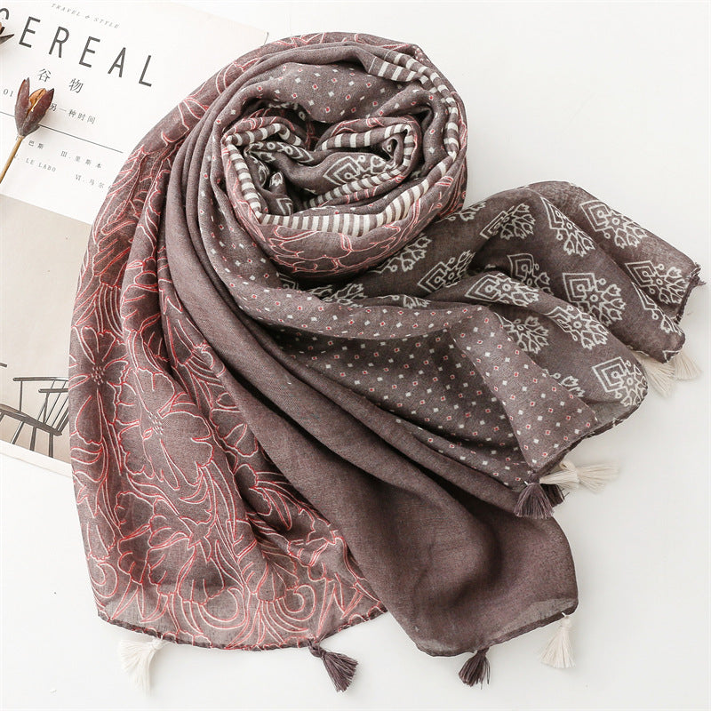 Exotic ethnic style wear accessories travel shawl cotton and linen feel Bali yarn scarf color matching geometric fringed scarf