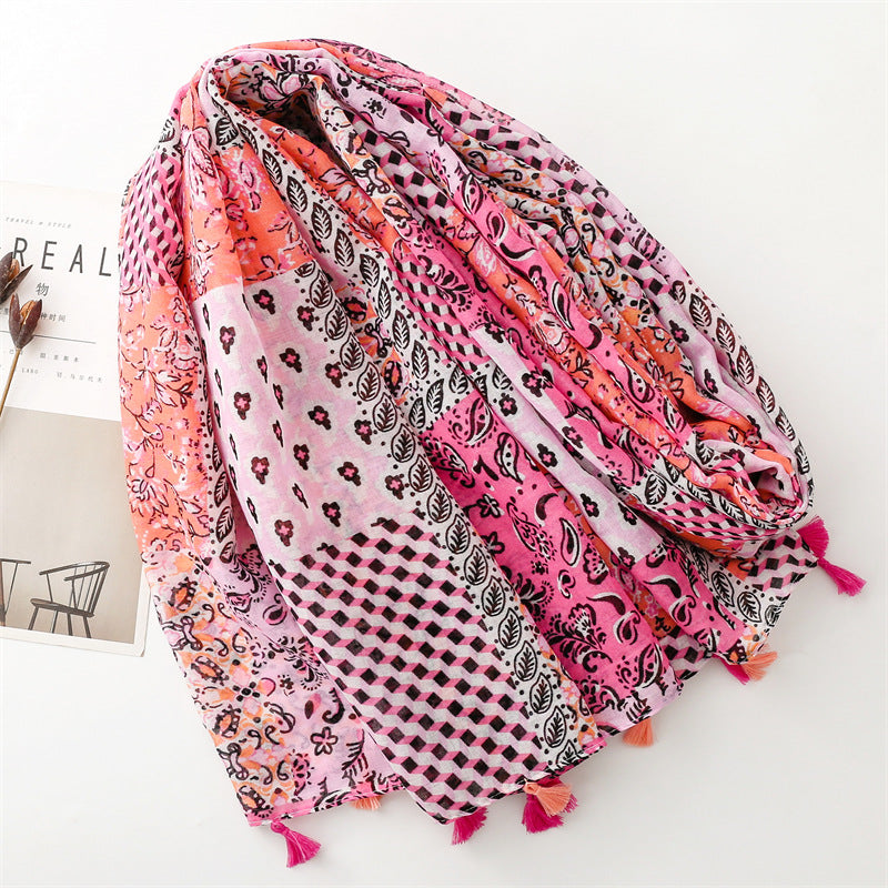 Vintage Wear Accessories Cotton and Linen Feel Bali Yarn Scarf Ethnic Style Pink Cashew Nut Flower Fringed Scarf Shawl Women