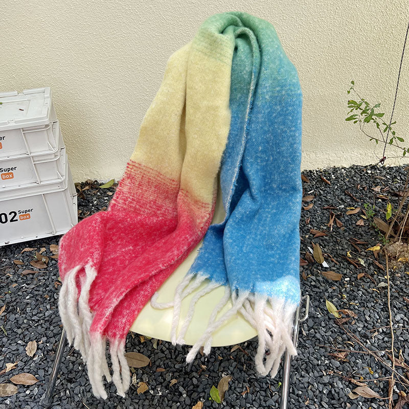 New Autumn and Winter Korean Style Thickened Students Warm-Keeping Plaid British Gradient Contrast Artificial Cashmere Scarf