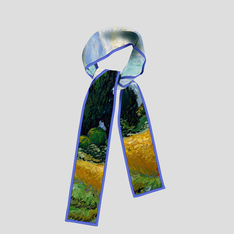 Van Gogh-Inspired Narrow Scarf - Wheat Fields & White Roses