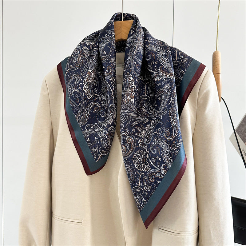 65cm Mulberry Silk Classic Paisley Scarf – Navy Blue Double Crepe Square Shawl for Spring & Summer