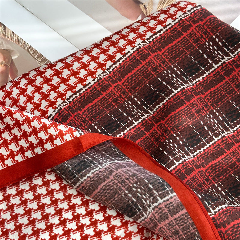 65cm Mulberry Silk Scarf – Plaid, Houndstooth & Rose Print Double Crepe Square Shawl for Spring & Summer