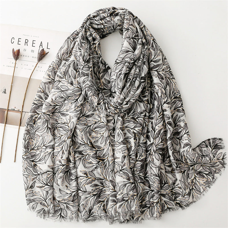 Autumn and winter cotton and linen feel scarf bronzing bamboo leaf green leaf rough edge scarf warm shawl women
