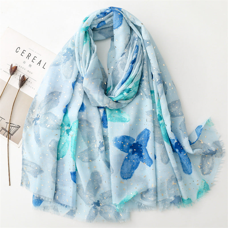 Autumn and winter cotton and linen feel scarf bronzing wing plum flower rough edge scarf warm shawl women