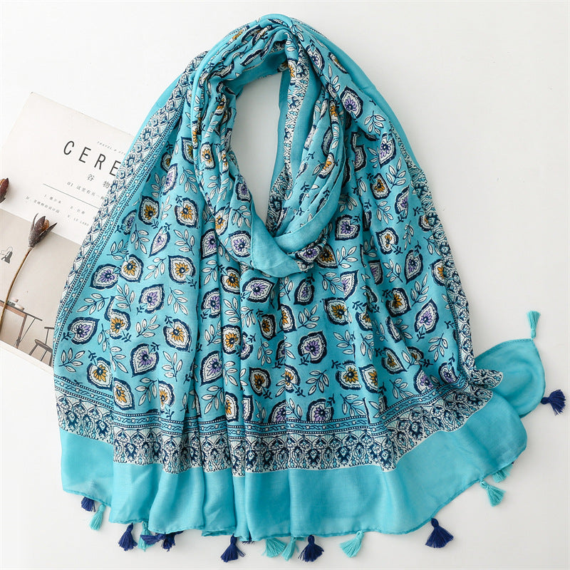 Spring and summer new cotton and linen feel scarf celebrity style shell flower fringed scarf warm shawl