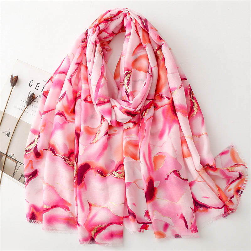 Autumn and winter cotton and linen feel scarf bronzing water flower ink painting rough edge scarf warm shawl