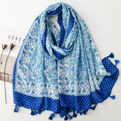 Spring and summer new cotton and linen feel scarf celebrity style hibiscus flower fringed scarf warm shawl