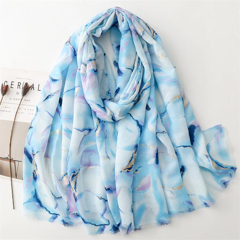 Autumn and winter cotton and linen feel scarf bronzing water flower ink painting rough edge scarf warm shawl