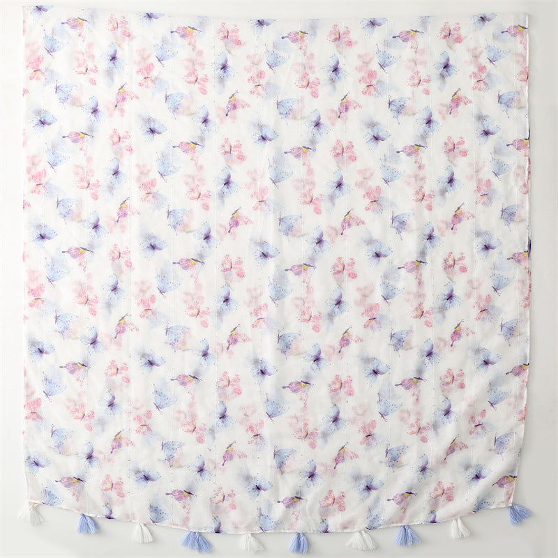 Summer and autumn new butterfly sequin printed cotton and linen scarf air conditioner sunscreen shawl scarf women