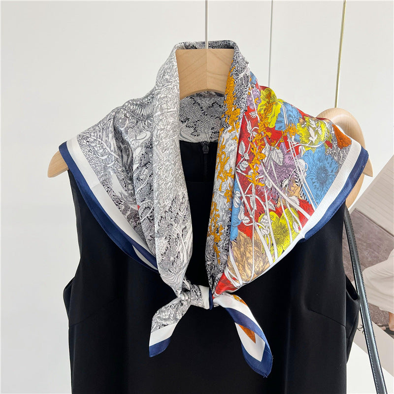 65cm Mulberry Silk Whimsical Garden Scarf Double Crepe Spring Summer Square Shawl