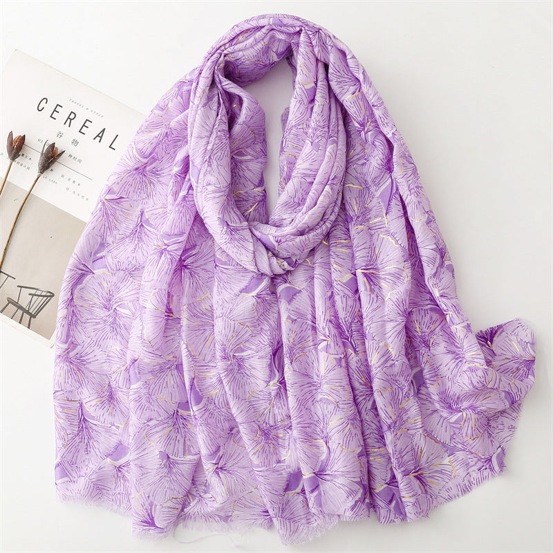 Autumn and winter cotton and linen feel scarf bronzing snow ginkgo biloba leaves burr scarf warm shawl