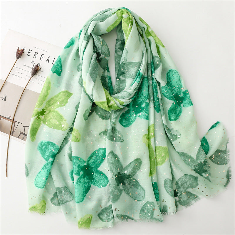 Autumn and winter cotton and linen feel scarf bronzing wing plum flower rough edge scarf warm shawl women