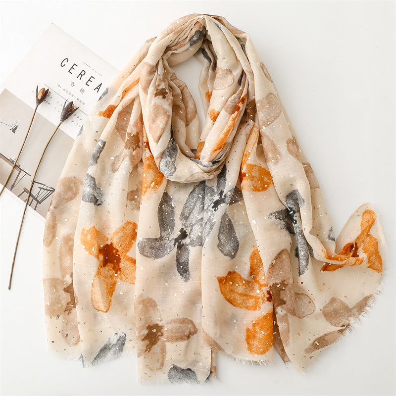Autumn and winter cotton and linen feel scarf bronzing wing plum flower rough edge scarf warm shawl women