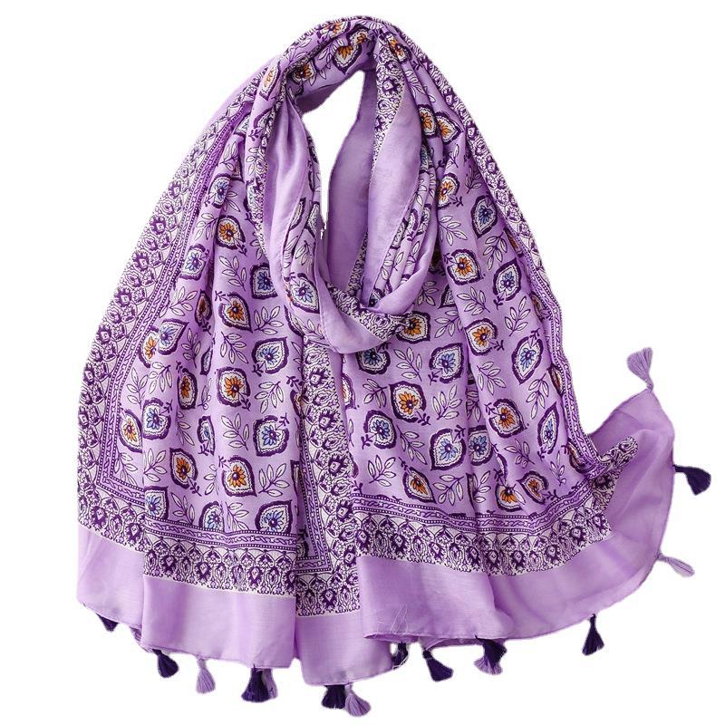 Spring and summer new cotton and linen feel scarf celebrity style shell flower fringed scarf warm shawl