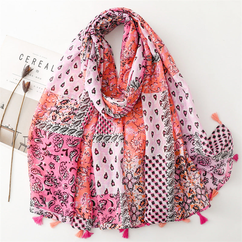 Vintage Wear Accessories Cotton and Linen Feel Bali Yarn Scarf Ethnic Style Pink Cashew Nut Flower Fringed Scarf Shawl Women