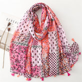 Vintage Wear Accessories Cotton and Linen Feel Bali Yarn Scarf Ethnic Style Pink Cashew Nut Flower Fringed Scarf Shawl Women
