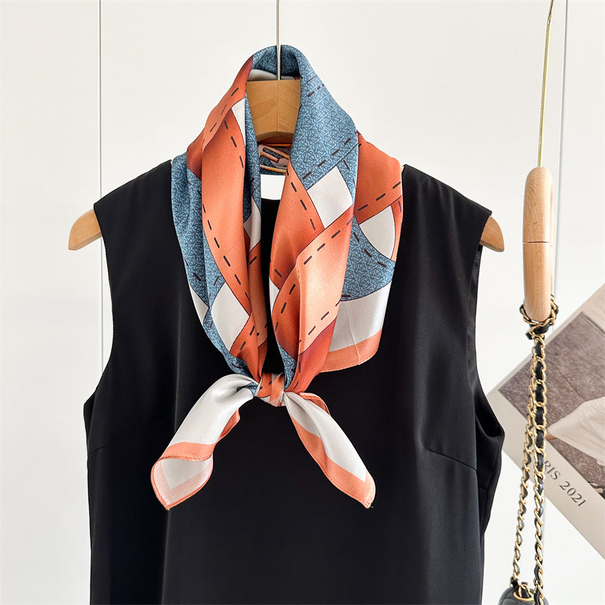 65cm Belt Pattern Mulberry Silk Scarf – Square Silk Shawl for Women, Elegant & Versatile Accessory