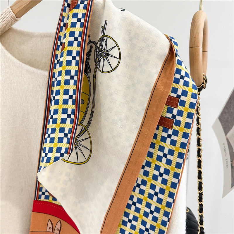 Horse Carriage Print Twilly – Reversible Silk Wool Scarf for Winter