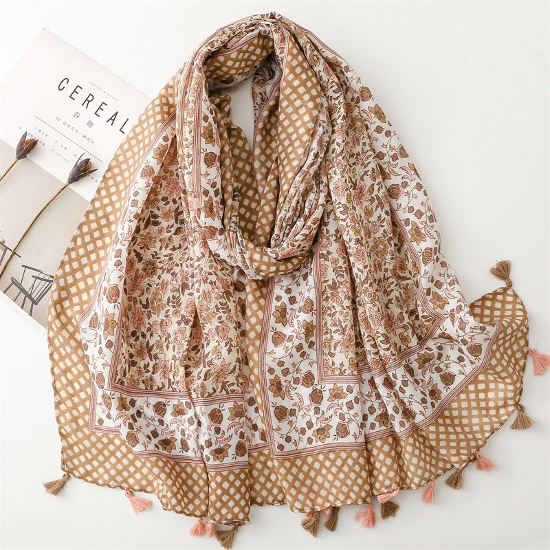 Spring and summer new cotton and linen feel scarf celebrity style hibiscus flower fringed scarf warm shawl