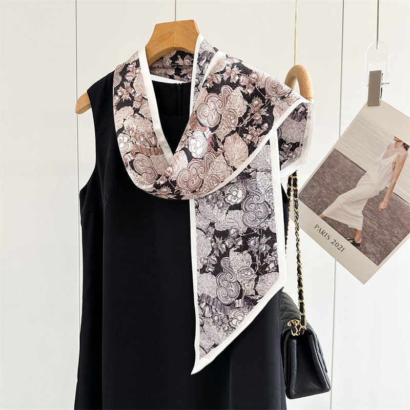 Camellia Double-Sided Mulberry Silk Scarf | Artistic Long Ribbon for Spring & Summer