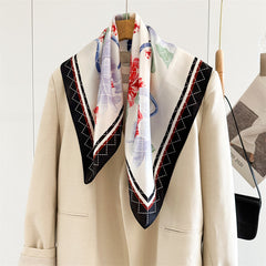 65cm Mulberry Silk Floral Peony Scarf – Double Crepe Square Shawl for Spring & Summer