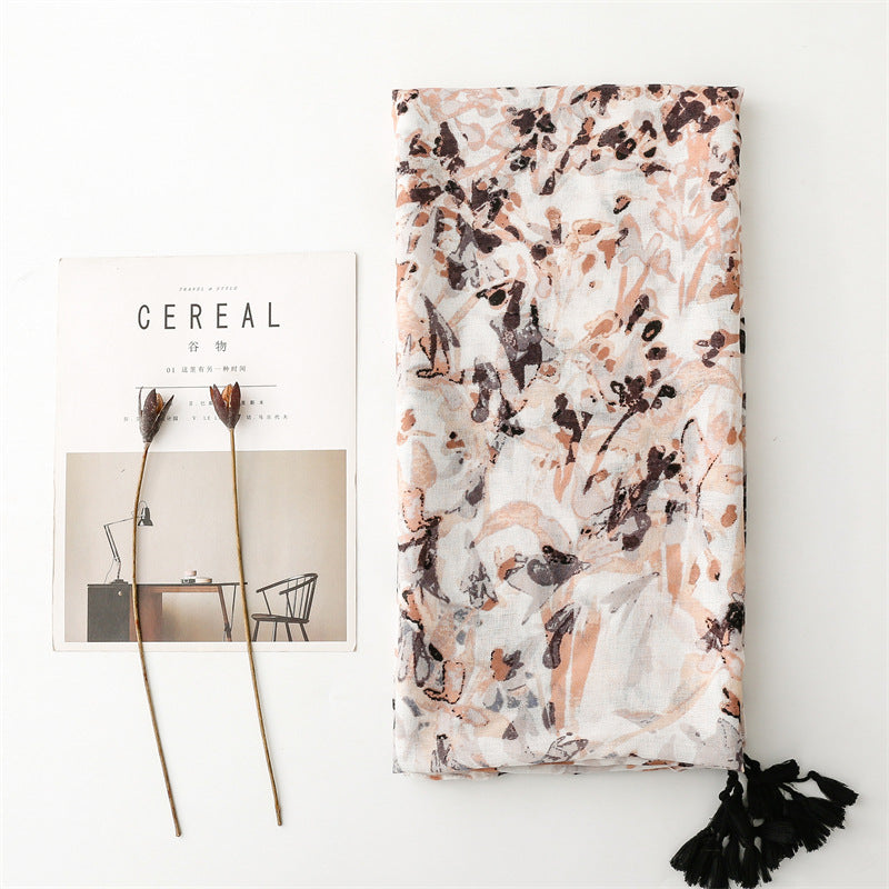 scarf graffiti hand-painted retro scarf soft feel scarf cotton and linen feel fringed travel shawl