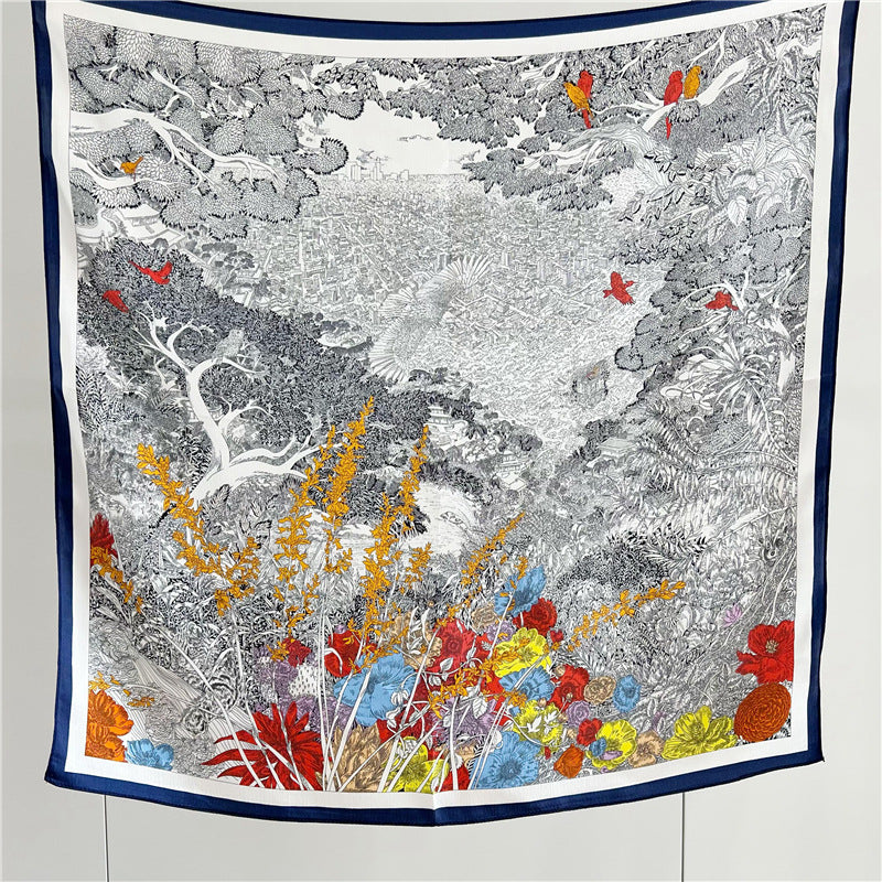 65cm Mulberry Silk Whimsical Garden Scarf Double Crepe Spring Summer Square Shawl