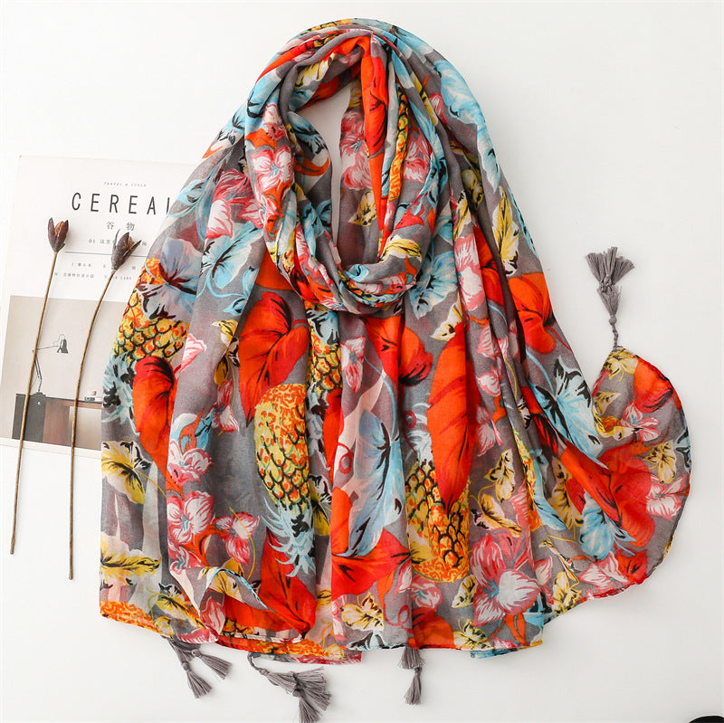 Summer Color Fruit Pineapple Leaves Bright Scarf Travel Sunscreen Scarf Accessories Wear Thin Shawl Ladies