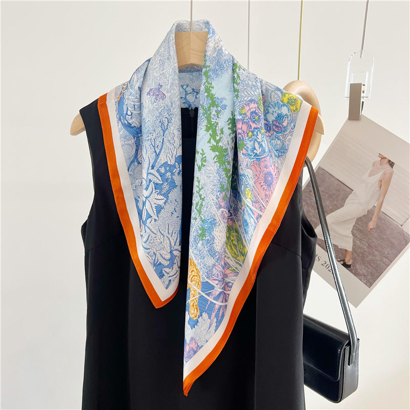 65cm Mulberry Silk Whimsical Garden Scarf Double Crepe Spring Summer Square Shawl