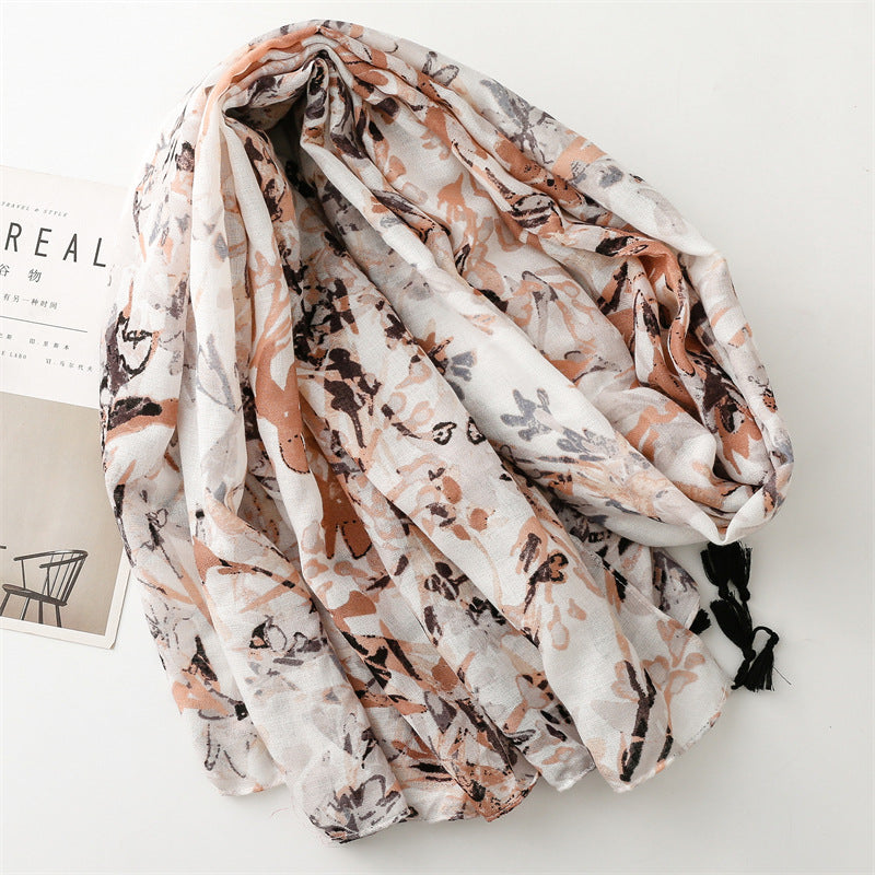 scarf graffiti hand-painted retro scarf soft feel scarf cotton and linen feel fringed travel shawl