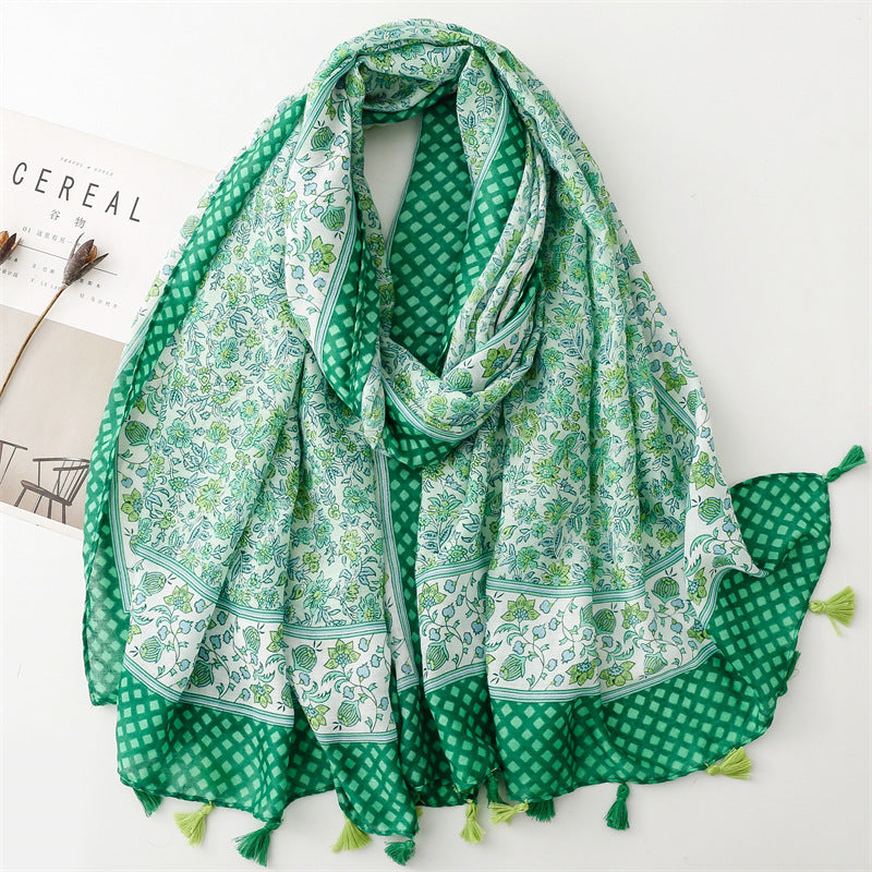Spring and summer new cotton and linen feel scarf celebrity style hibiscus flower fringed scarf warm shawl
