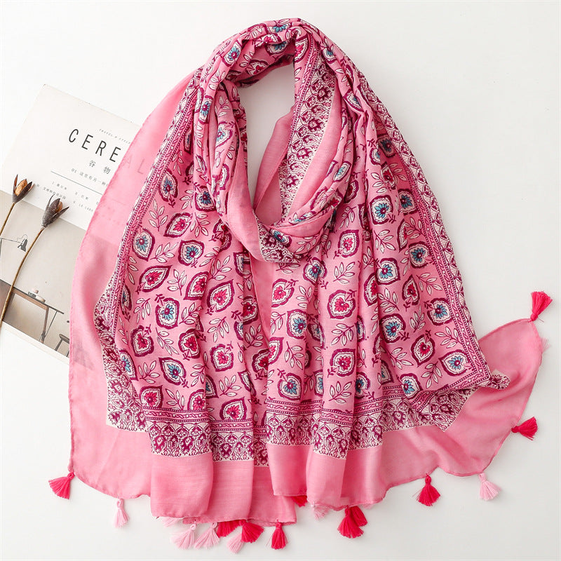 Spring and summer new cotton and linen feel scarf celebrity style shell flower fringed scarf warm shawl