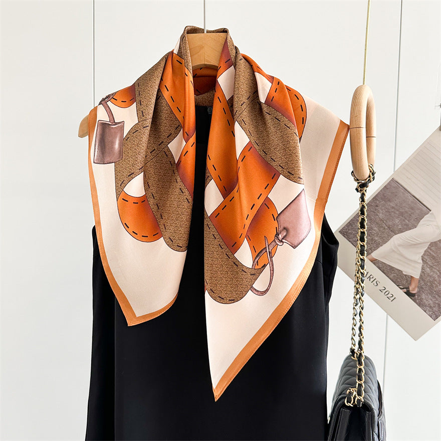 65cm Belt Pattern Mulberry Silk Scarf – Square Silk Shawl for Women, Elegant & Versatile Accessory