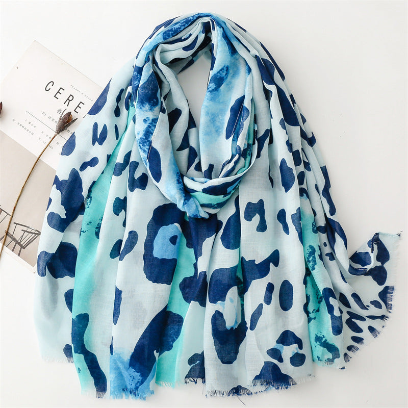 Spring and summer four seasons thin cotton and linen feel scarf European and American cloud leopard print rough edge scarf warm shawl women