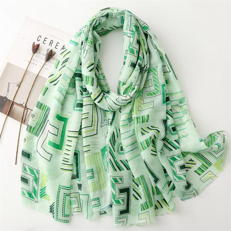 Spring and summer thin cotton and linen feel scarf colored magnet geometric scarf shawl women