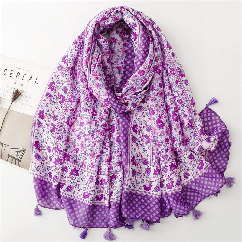 Spring and summer new cotton and linen feel scarf celebrity style hibiscus flower fringed scarf warm shawl