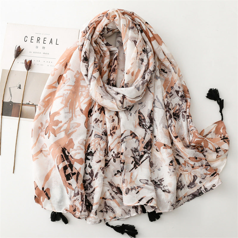 scarf graffiti hand-painted retro scarf soft feel scarf cotton and linen feel fringed travel shawl