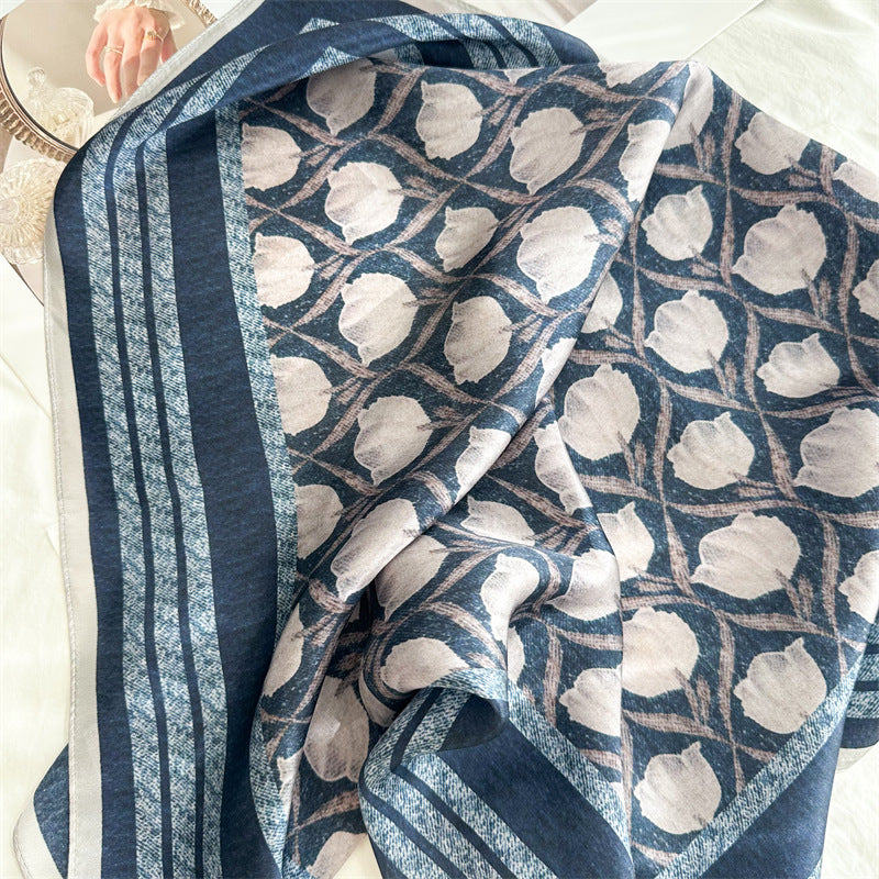 65cm Blue Lily of the Valley Mulberry Silk Scarf – Elegant Square Silk Shawl for Women, Fresh & Versatile Accessory