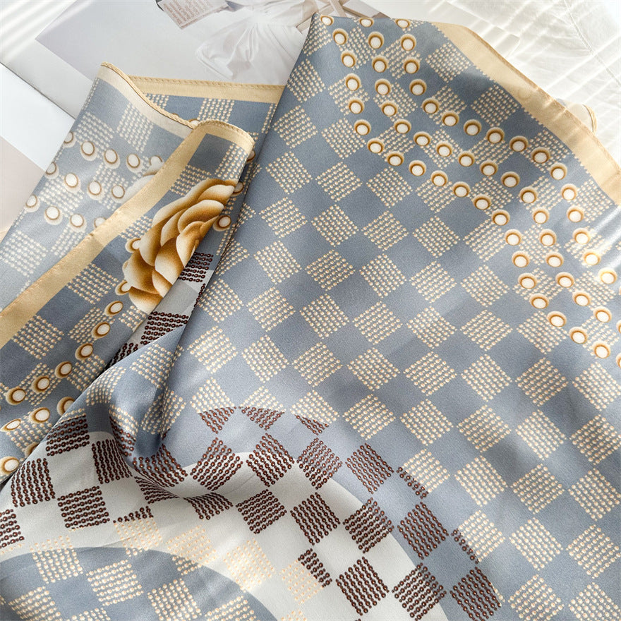 65cm Mulberry Silk Scarf – Digital 5 Grid Pattern Square Silk Shawl for Women, Elegant & Versatile Accessory