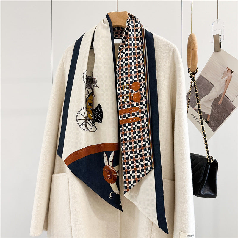 Horse Carriage Print Twilly – Reversible Silk Wool Scarf for Winter