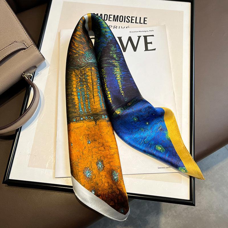 Zweifarbiger Patchwork-Ölgemälde-Schal aus 100 % Maulbeerseide/Kopftuch aus Seide/Haarschal aus Seide/Halstuch aus Seide/Muttertagsgeschenke/Taschenaccessoire/Geschenk für Sie