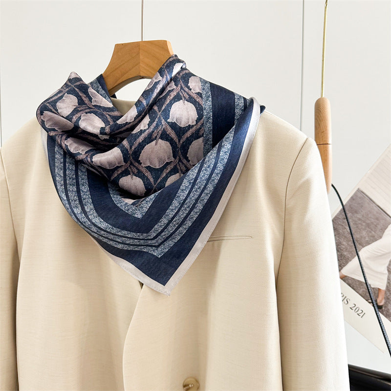 65cm Blue Lily of the Valley Mulberry Silk Scarf – Elegant Square Silk Shawl for Women, Fresh & Versatile Accessory