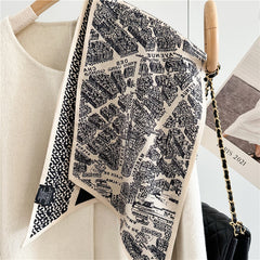 City Map Print Scarf – Luxury Mulberry Silk & Wool Long Ribbon Wrap