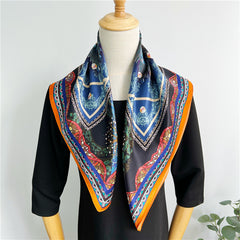 26'' Blue Gem Elephant Mulberry Silk Scarf – Artistic Square Silk Shawl for Women, Luxurious & Exotic Accessory