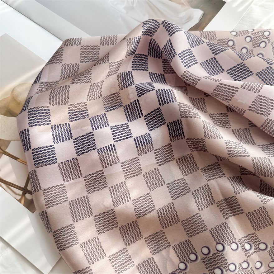 65cm Mulberry Silk Scarf – Digital 5 Grid Pattern Square Silk Shawl for Women, Elegant & Versatile Accessory