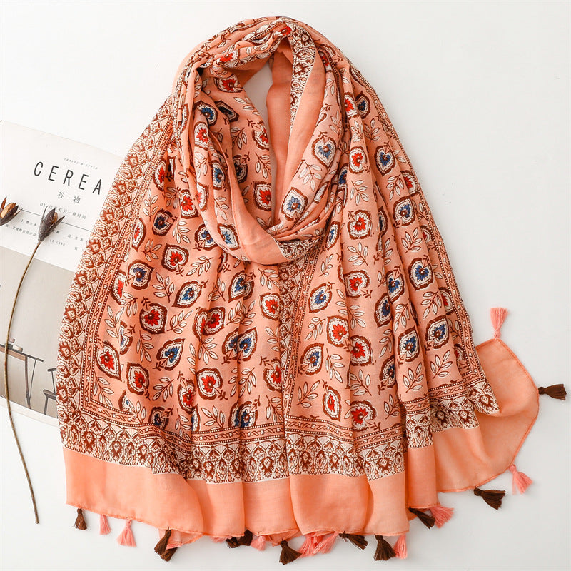 Spring and summer new cotton and linen feel scarf celebrity style shell flower fringed scarf warm shawl