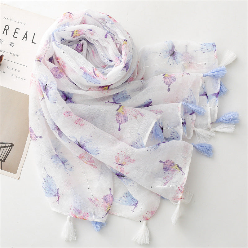 Summer and autumn new butterfly sequin printed cotton and linen scarf air conditioner sunscreen shawl scarf women