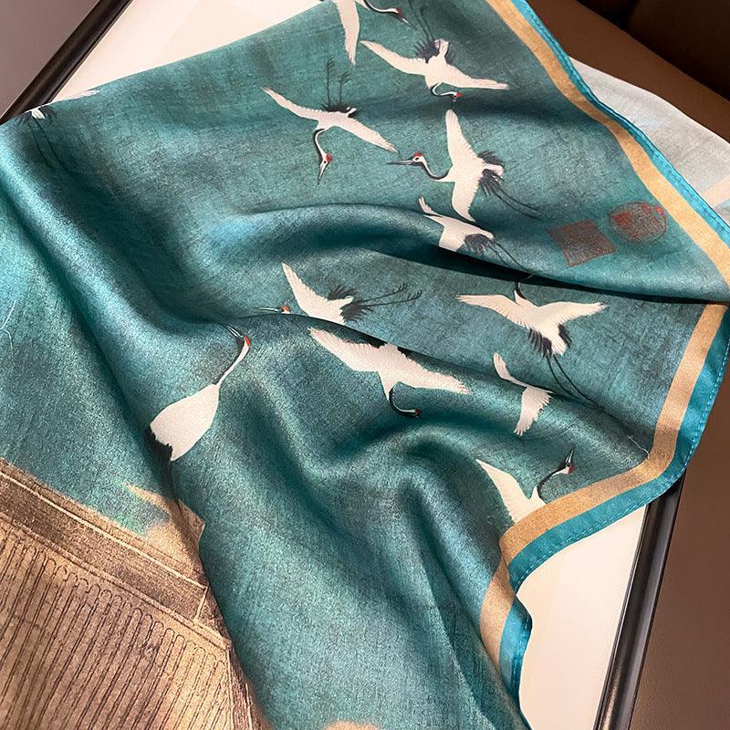 Chinese Style 53cm Small Silk Scarf/100% Mulberry Silk Scarf/Elegant Crane Printed Scarf/Gift for Her