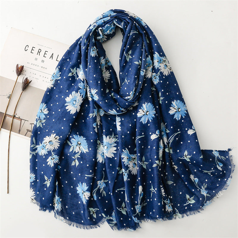 Autumn and winter cotton and linen feel scarf bronzing polka dots small flower burr edge scarf warm shawl women
