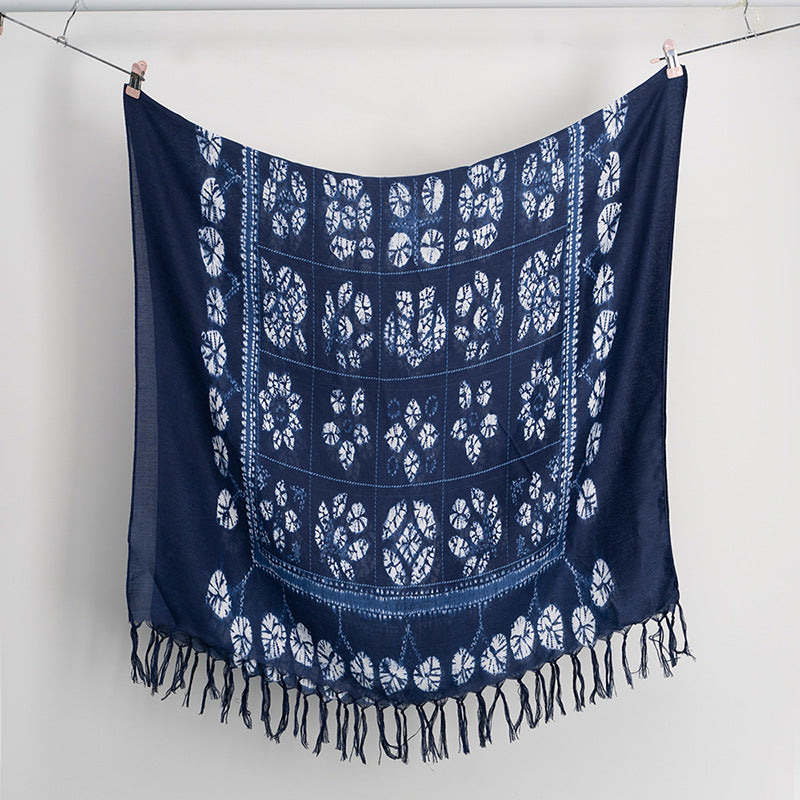 Four Seasons Ethnic Style Tie-Dyed Scarf, Hand-Knotted Tassel Shawl, Travel Decoration Scarf, Lightweight Gauze Kerchief